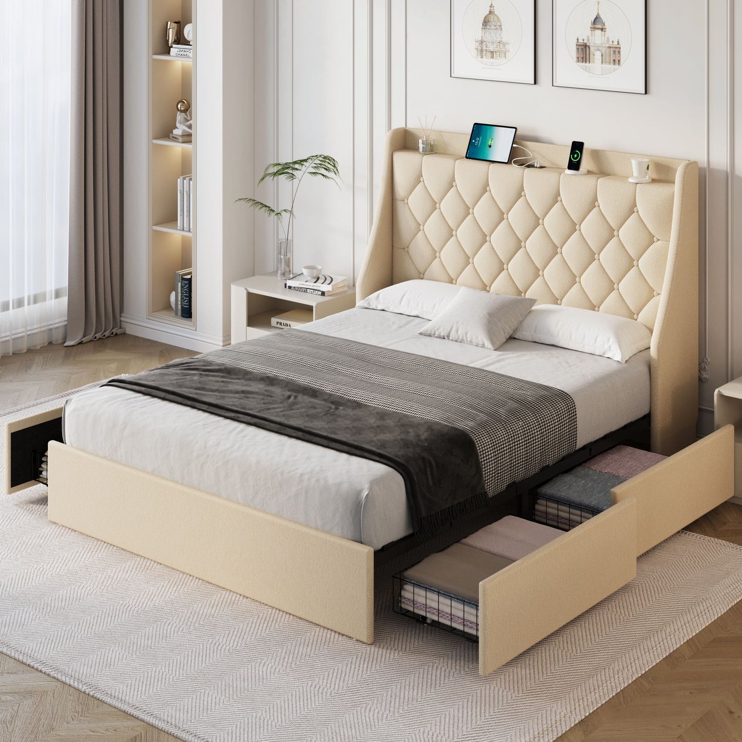 Alija Full Bed Frame with 4 Storage Drawers in Beige Finish