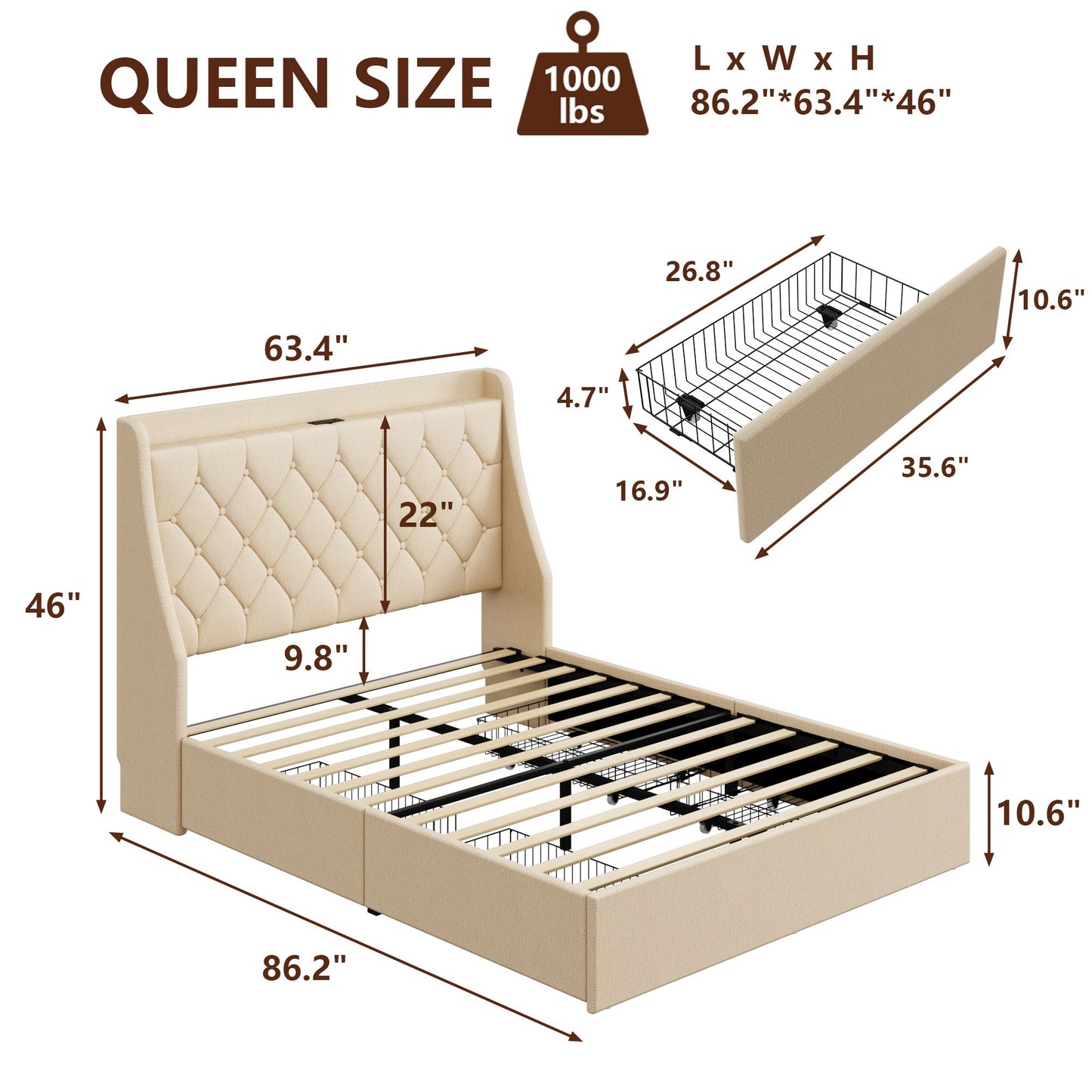 Alija Full Bed Frame with 4 Storage Drawers in Beige Finish