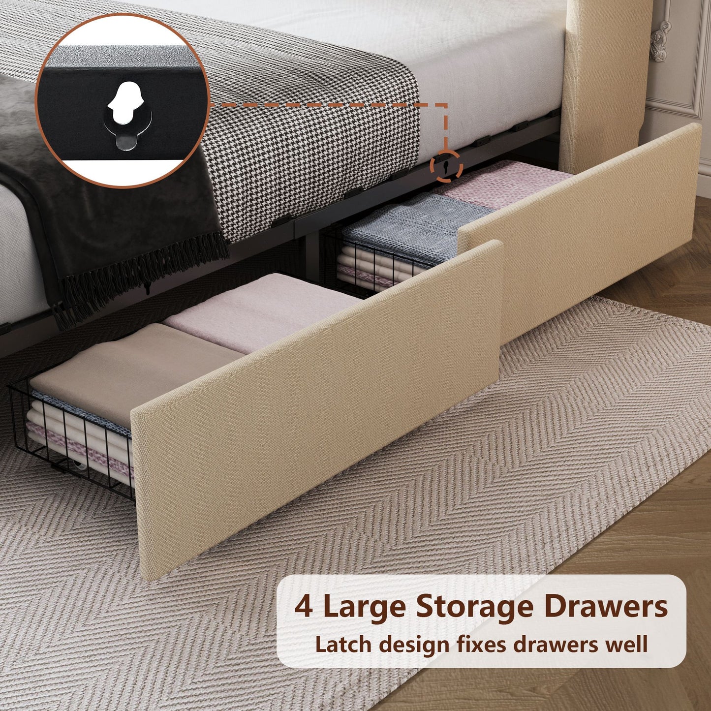 Alija Full Bed Frame with 4 Storage Drawers in Beige Finish