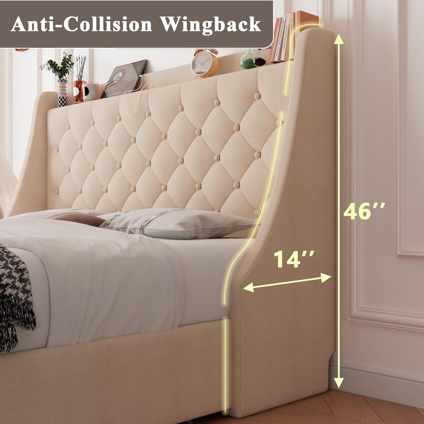 Alija Full Bed Frame with 4 Storage Drawers in Beige Finish