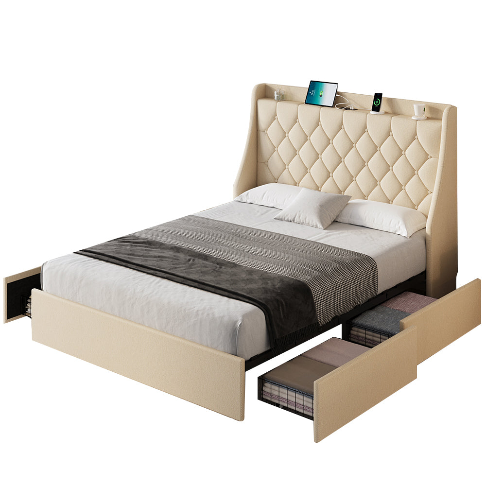 Hiya Queen Bed Frame with 4 Storage Drawers in Beige Finish