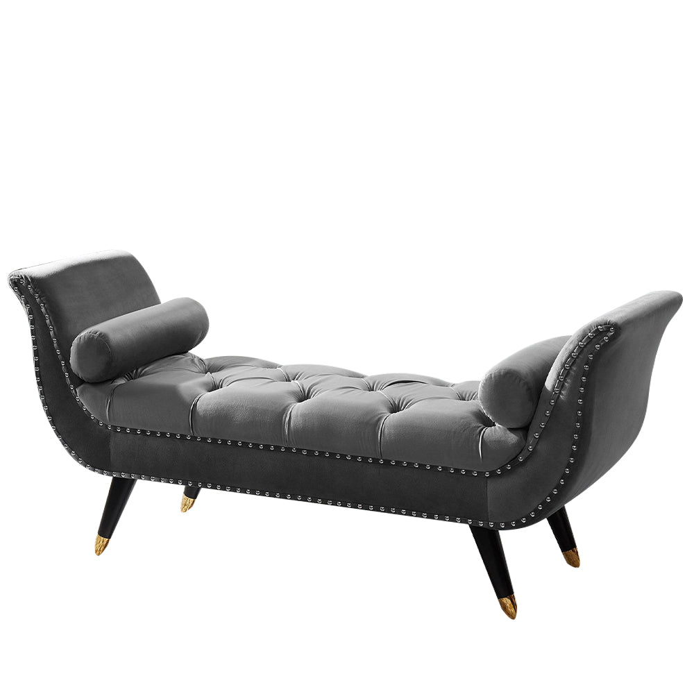 Sorren II Gray Velvet Arm Bench with 2 pillows