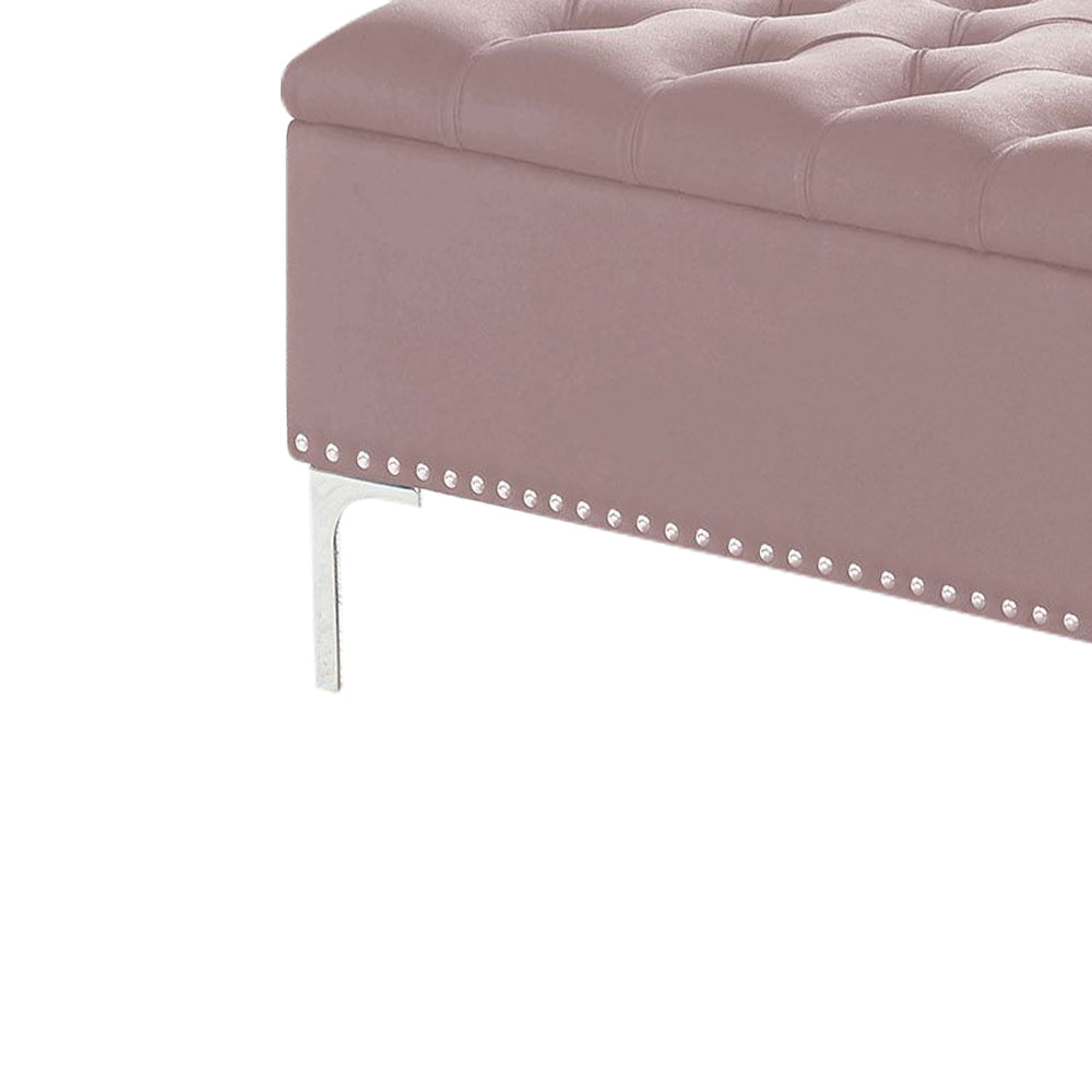 Thedoree III Pink Velvet Storage Bench with metal legs