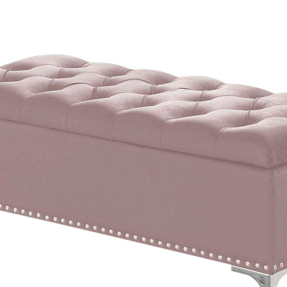 Thedoree III Pink Velvet Storage Bench with metal legs