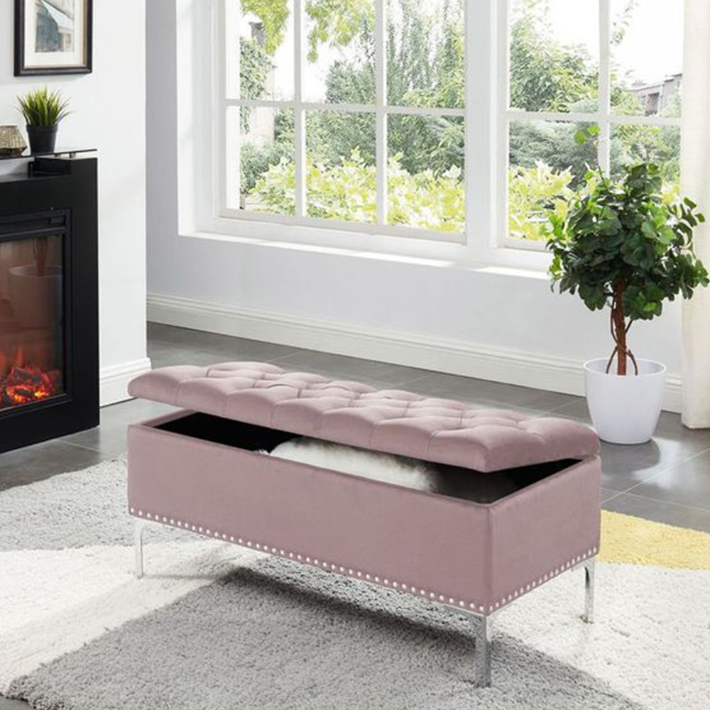 Thedoree III Pink Velvet Storage Bench with metal legs
