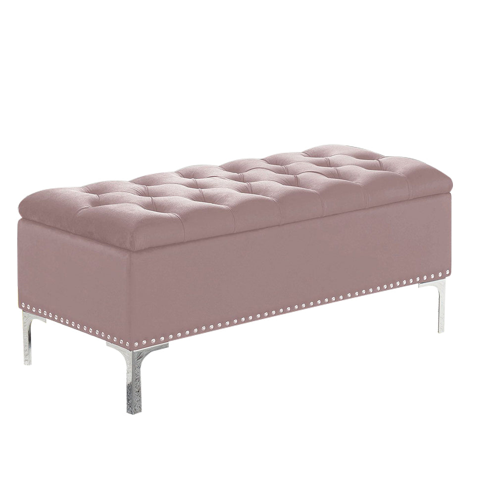 Thedoree III Pink Velvet Storage Bench with metal legs