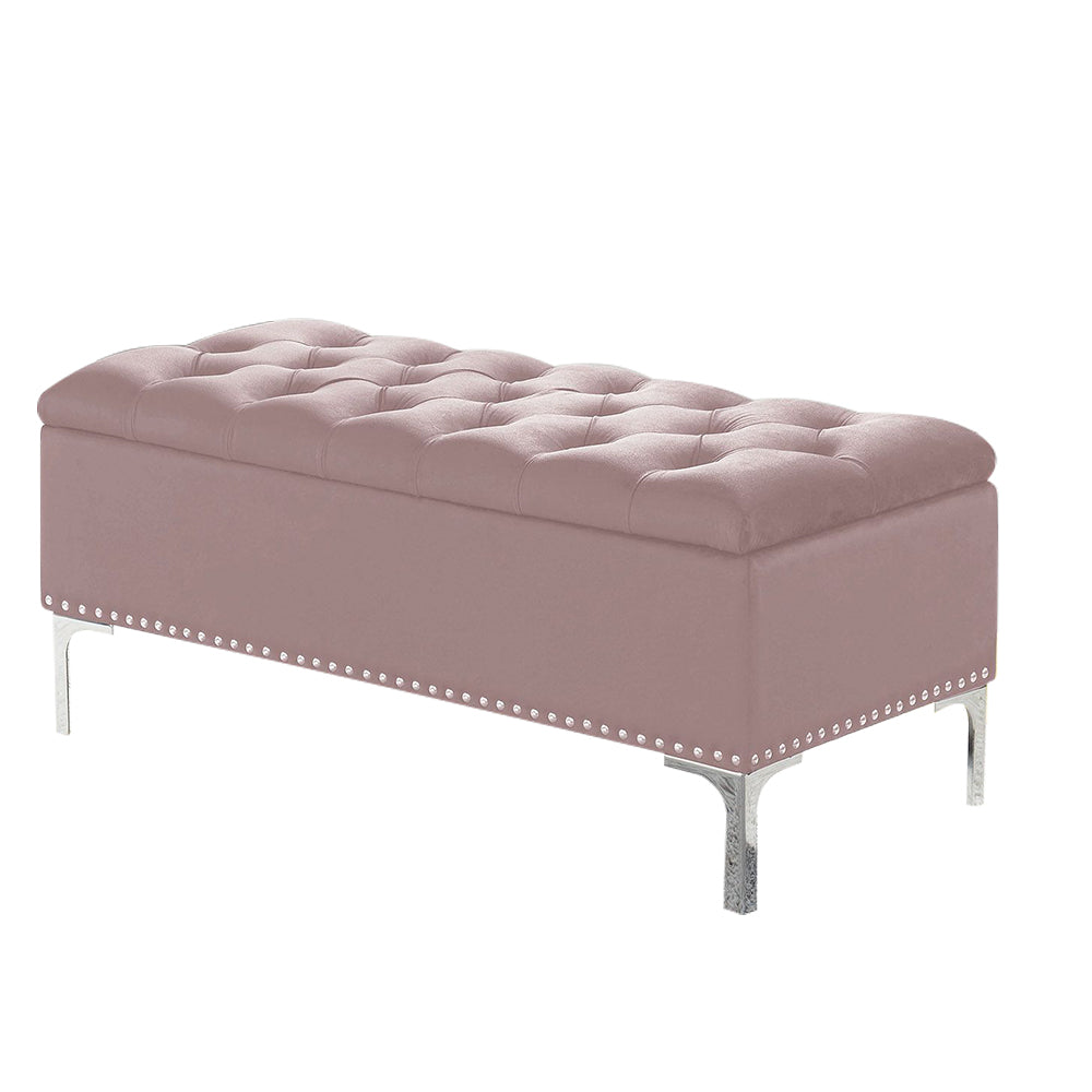 Thedoree III Pink Velvet Storage Bench with metal legs