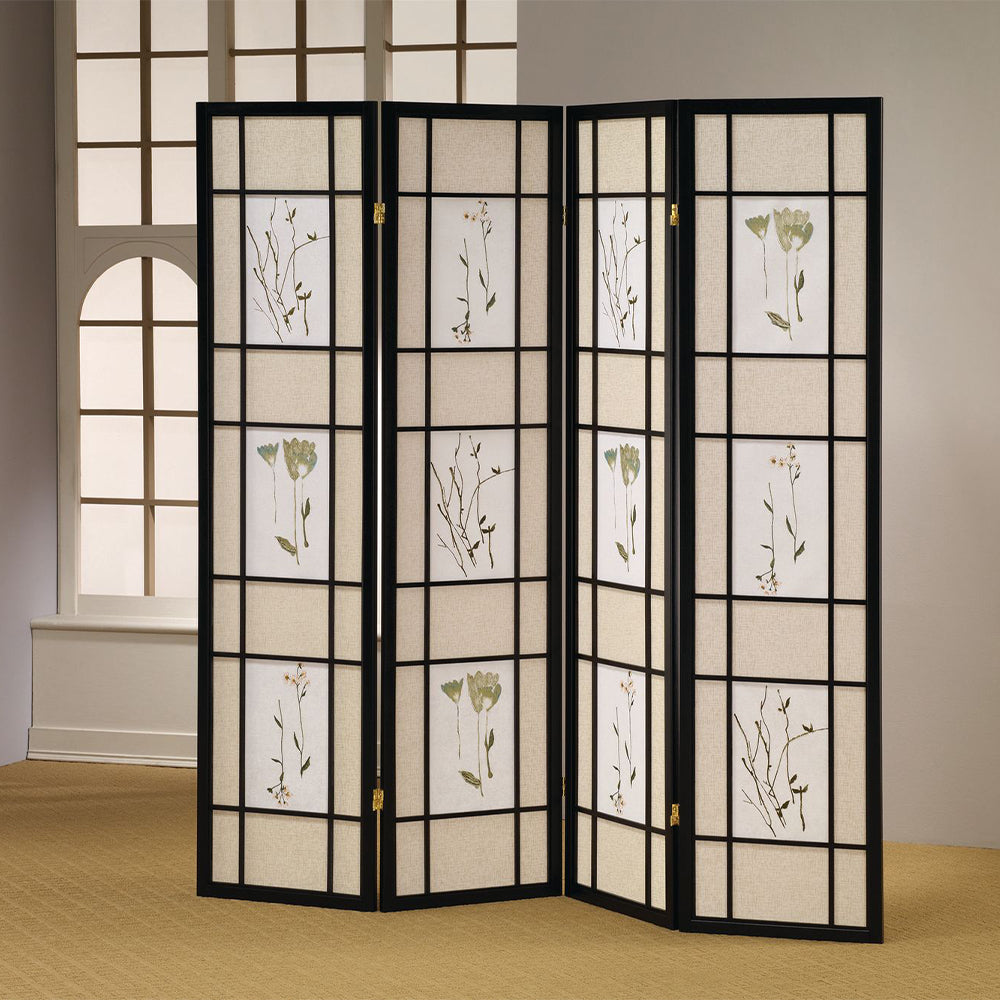 Coen I Black 4 panel shoji Screen with Floral Prints