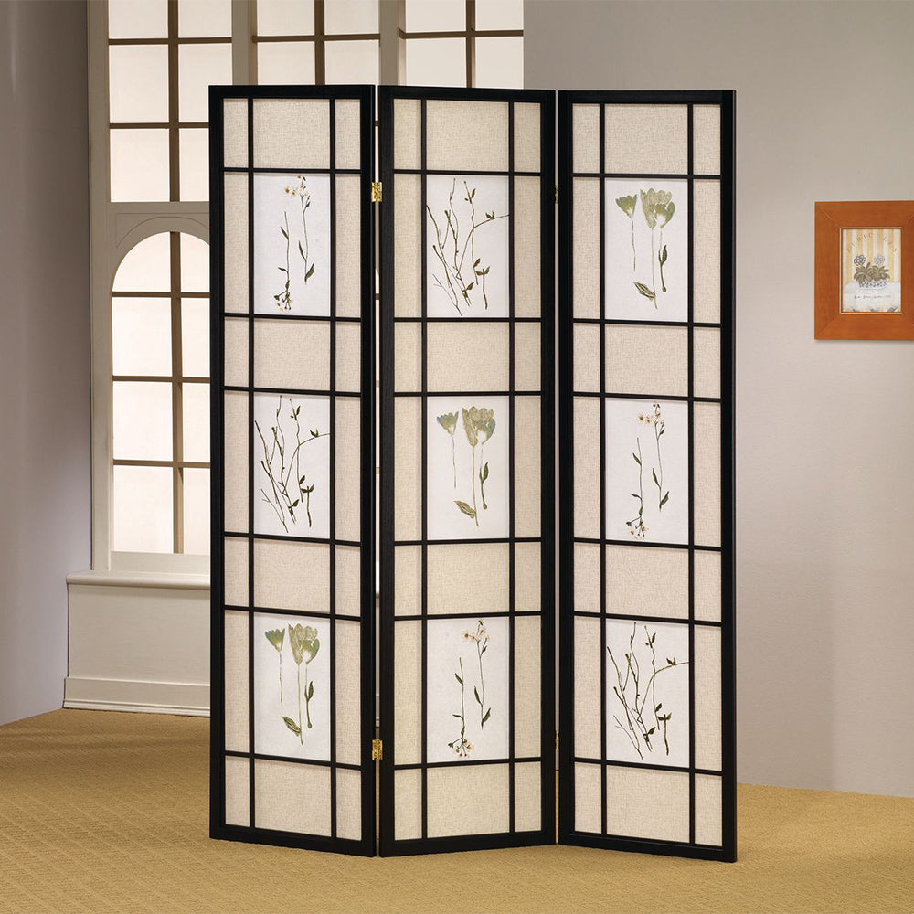Coen Black 3 panel shoji Screen with Floral Prints