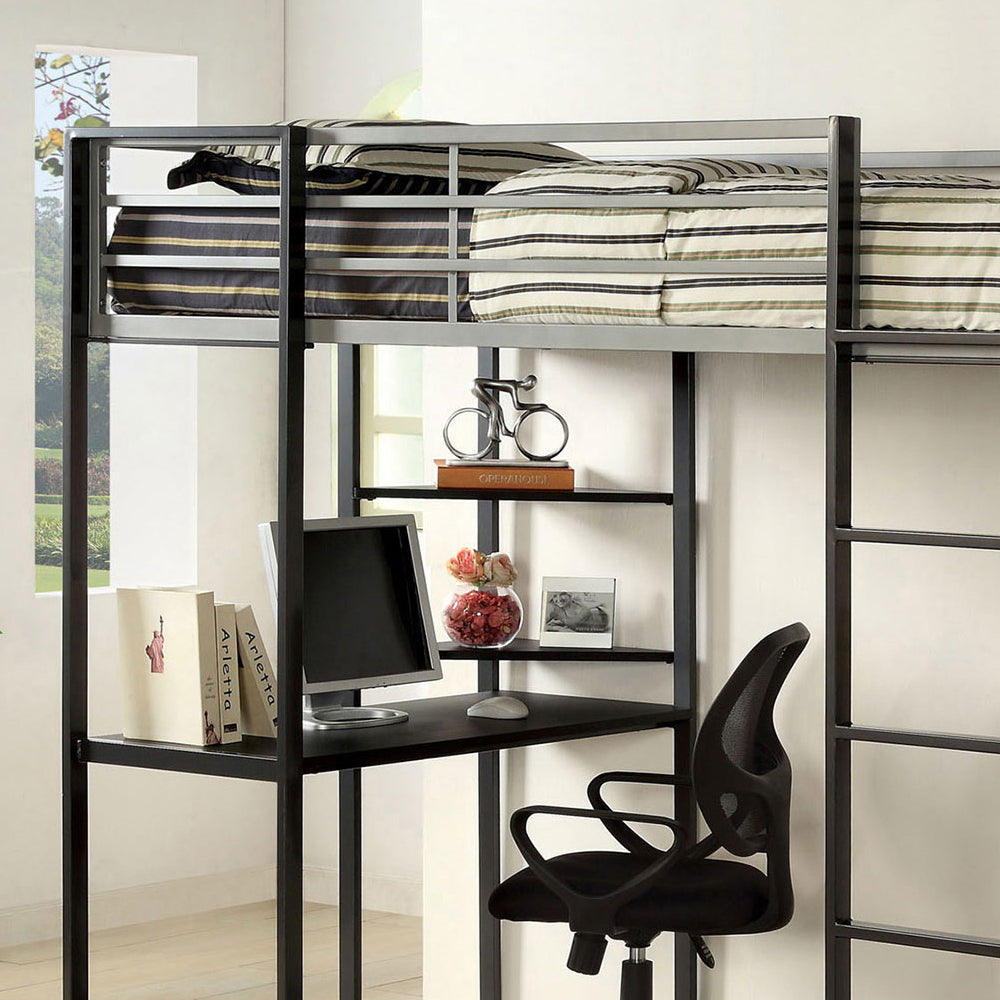 Sherman Twin Bed w/ Workstation in Silver/Gun Metal finish