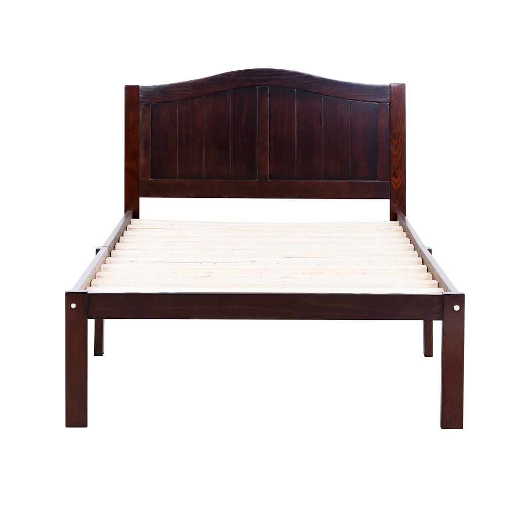Wajih I Twin Size Bed, Wood Platform Bed Frame with Headboard For Kids, Slatted, Dark Walnut