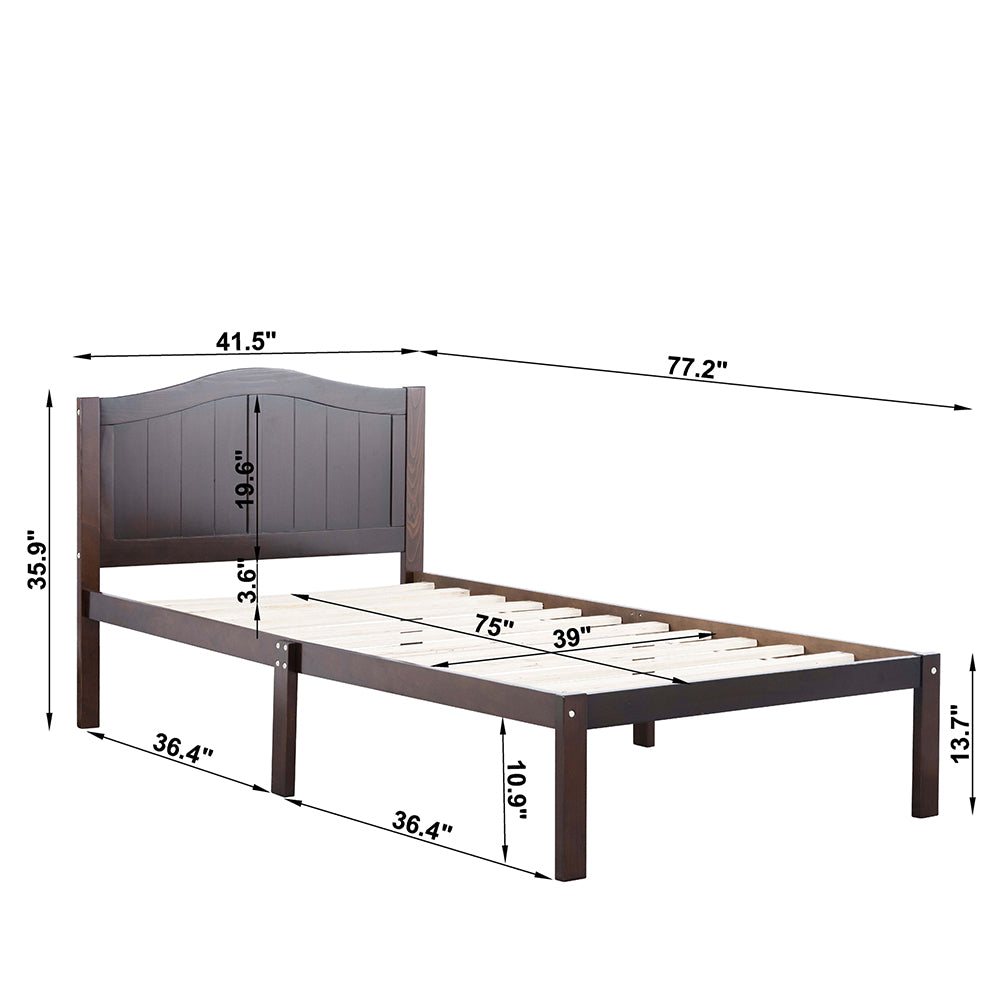 Wajih I Twin Size Bed, Wood Platform Bed Frame with Headboard For Kids, Slatted, Dark Walnut