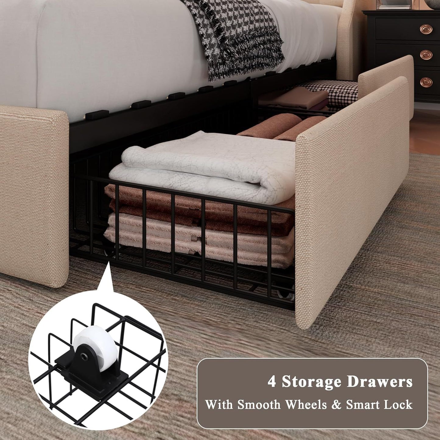 Alija Full Bed Frame with 4 Storage Drawers in Beige Finish