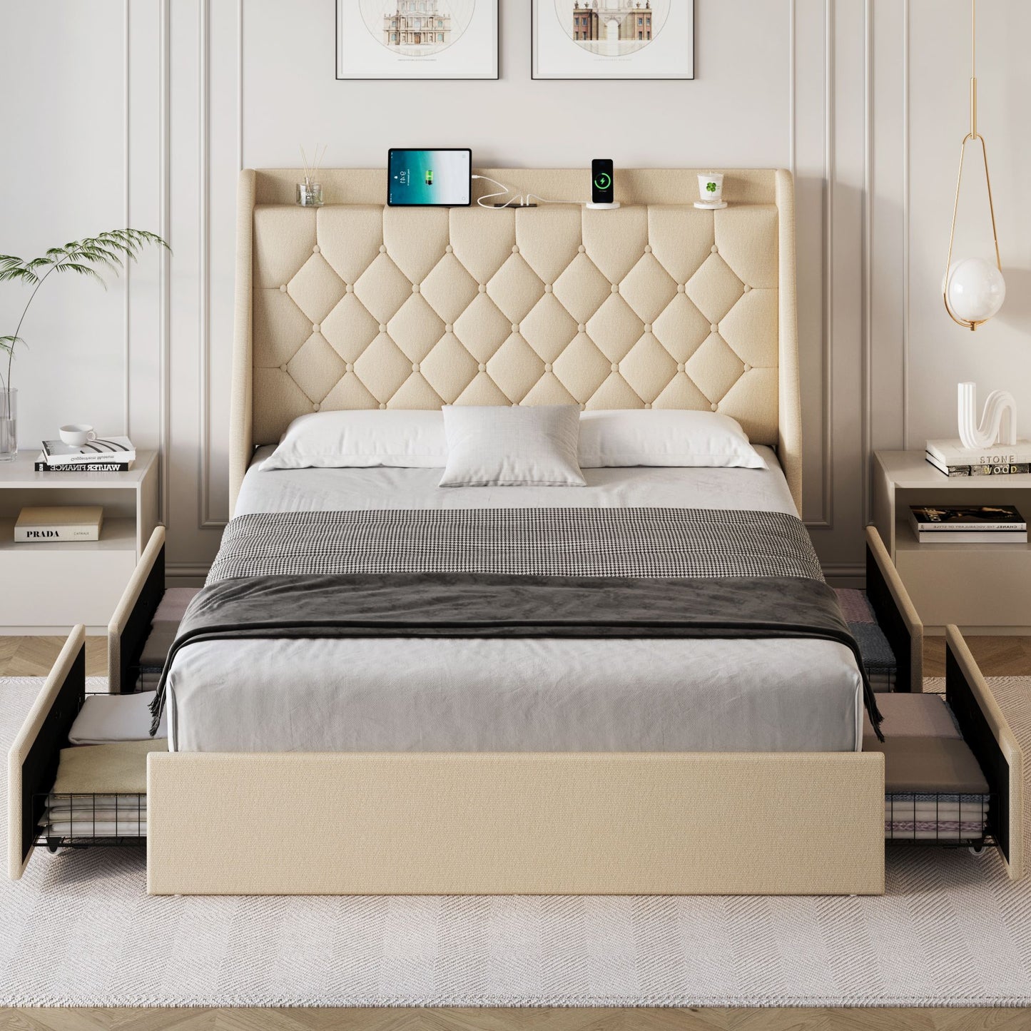 Hiya Queen Bed Frame with 4 Storage Drawers in Beige Finish