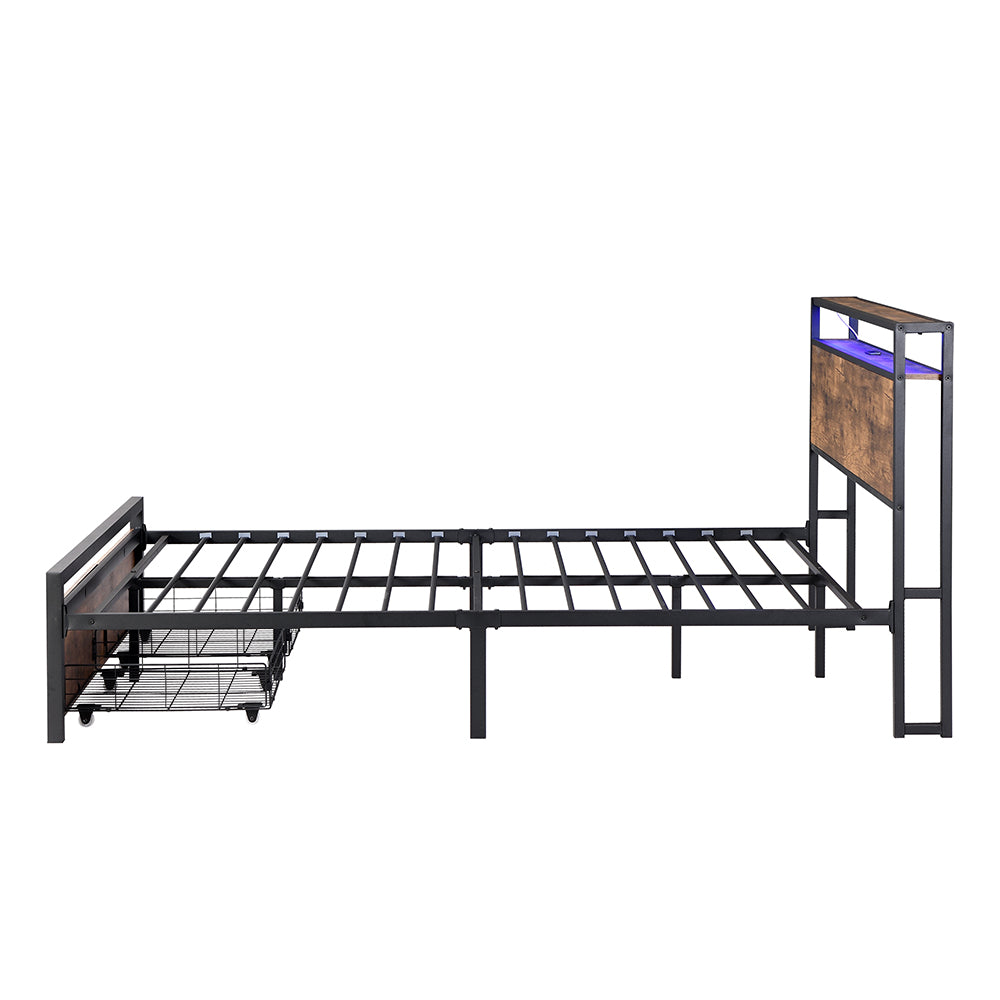 Full Size Bed Frame with Storage Headboard and 2 Drawers, LED Lights Bed with Charging Station, Metal Platform Bed No Noise, Mattress Foundation Strong Metal Slats Support No Box Spring Needed