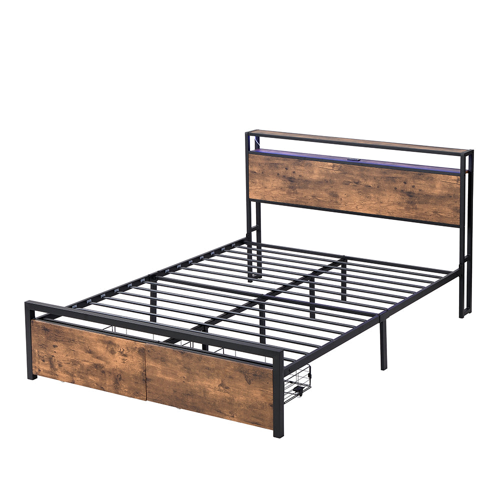 Full Size Bed Frame with Storage Headboard and 2 Drawers, LED Lights Bed with Charging Station, Metal Platform Bed No Noise, Mattress Foundation Strong Metal Slats Support No Box Spring Needed