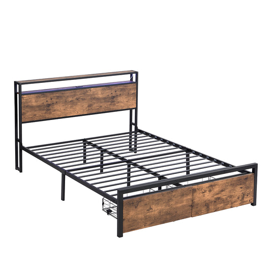 Full Size Bed Frame with Storage Headboard and 2 Drawers, LED Lights Bed with Charging Station, Metal Platform Bed No Noise, Mattress Foundation Strong Metal Slats Support No Box Spring Needed