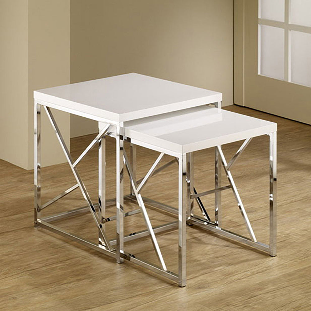 Atticuss III Nesting Table with White Tops Large and chorme legs