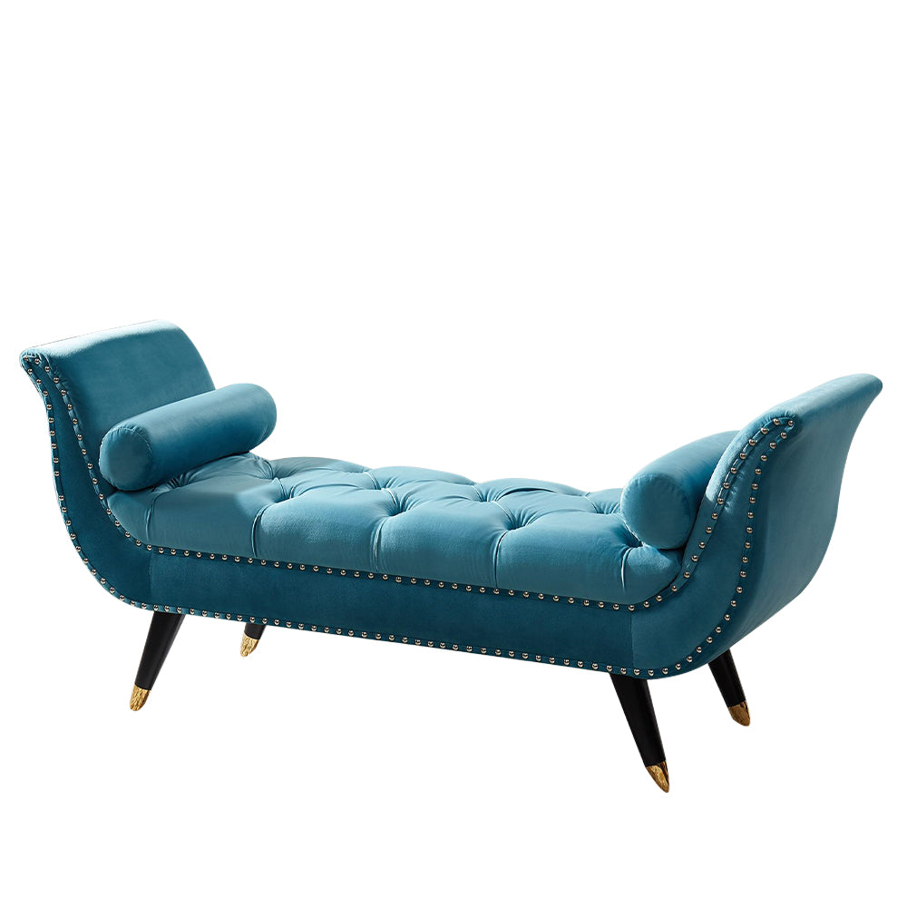 Sorren I Blue Velvet Arm Bench with 2 pillows
