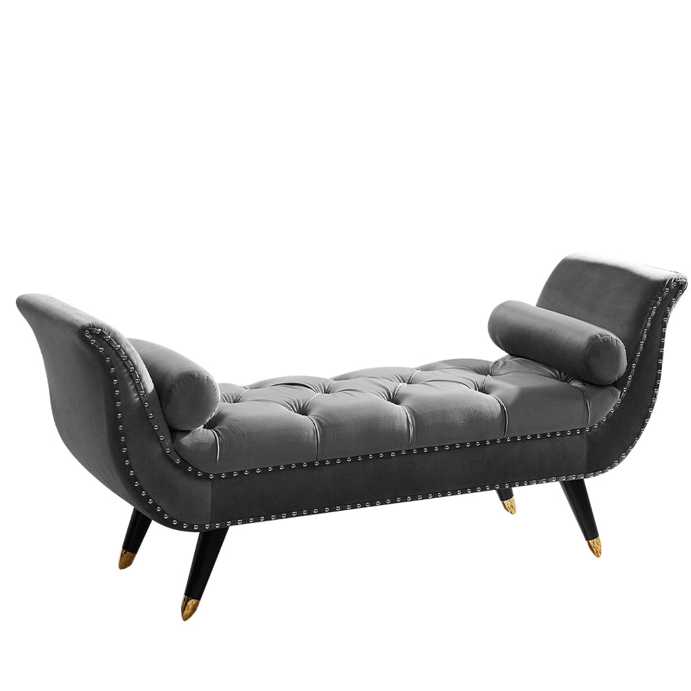 Sorren II Gray Velvet Arm Bench with 2 pillows