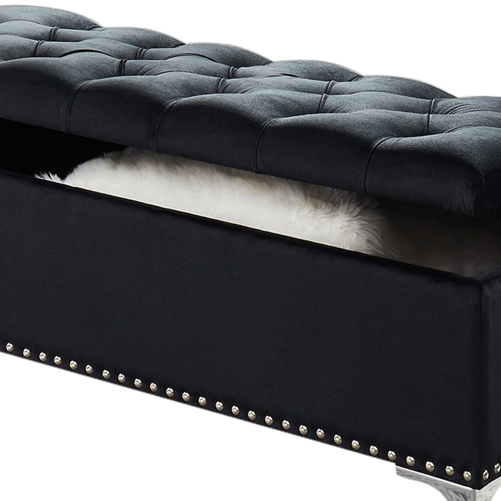 Thedoree Black Velvet Storage Bench with metal legs