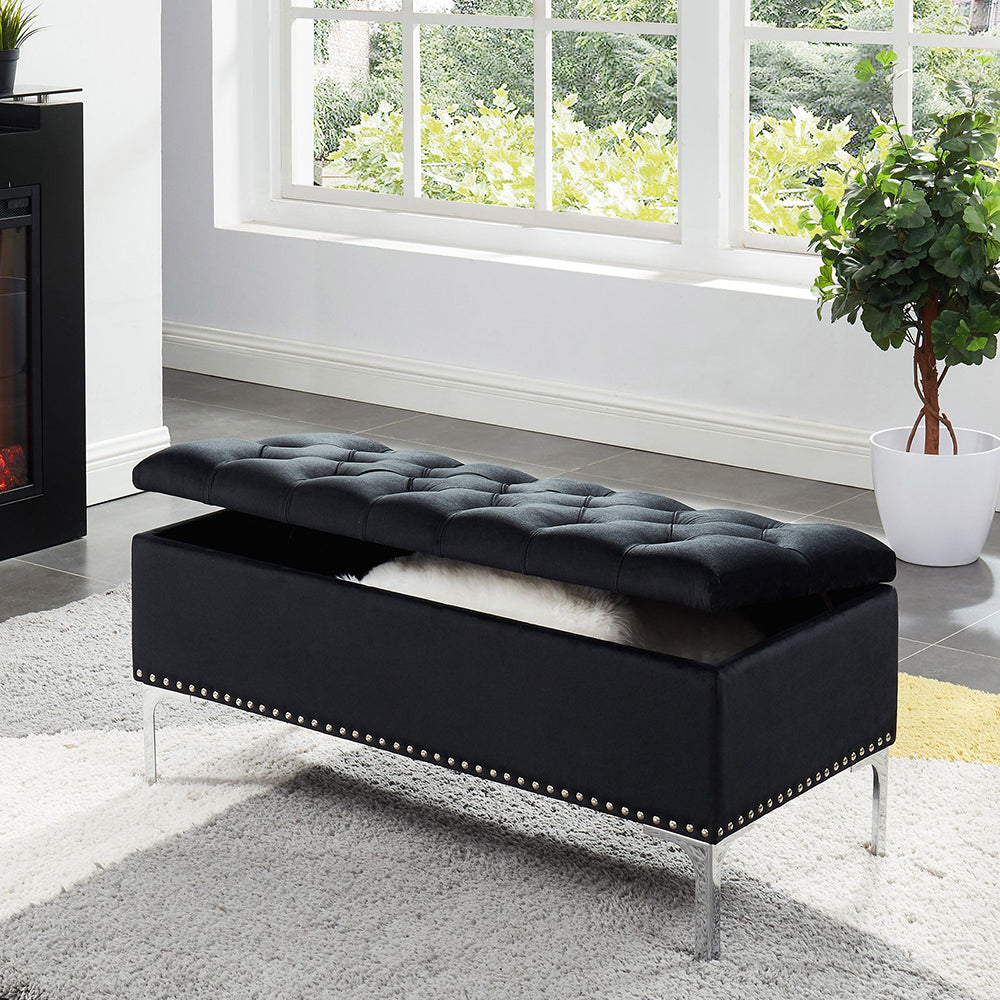 Thedoree Black Velvet Storage Bench with metal legs