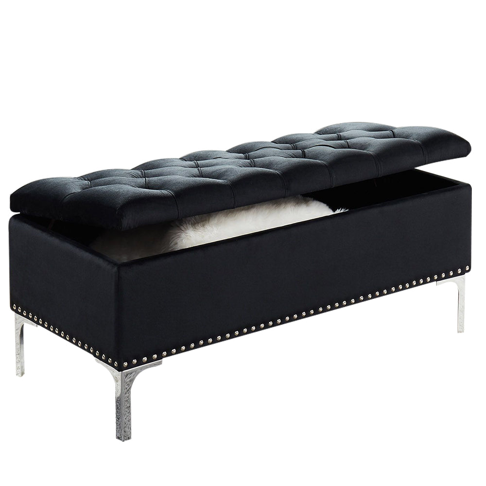 Thedoree Black Velvet Storage Bench with metal legs