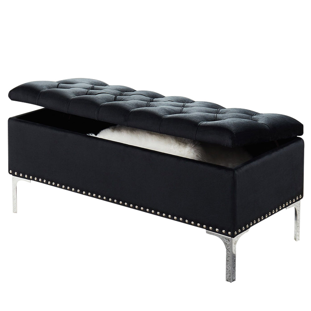 Thedoree Black Velvet Storage Bench with metal legs