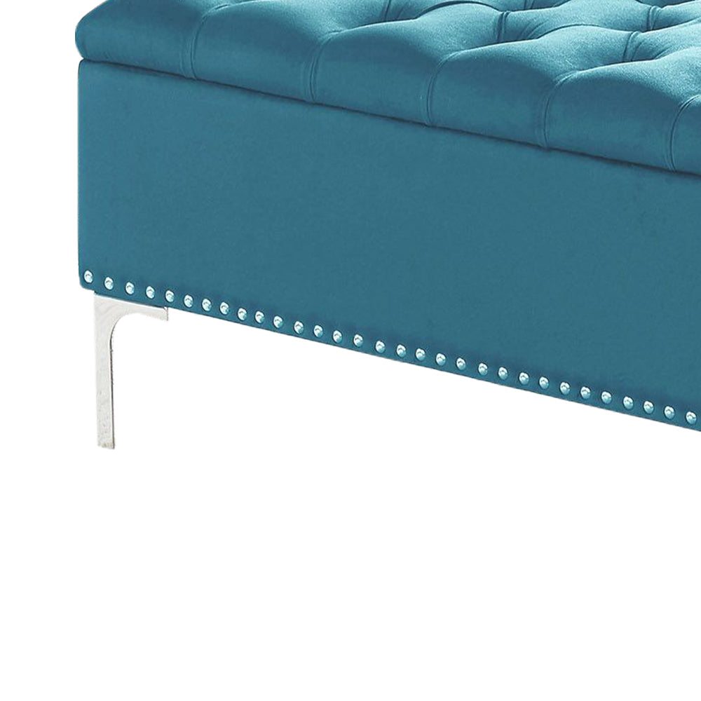 Thedoree I Blue Velvet Storage Bench with metal legs