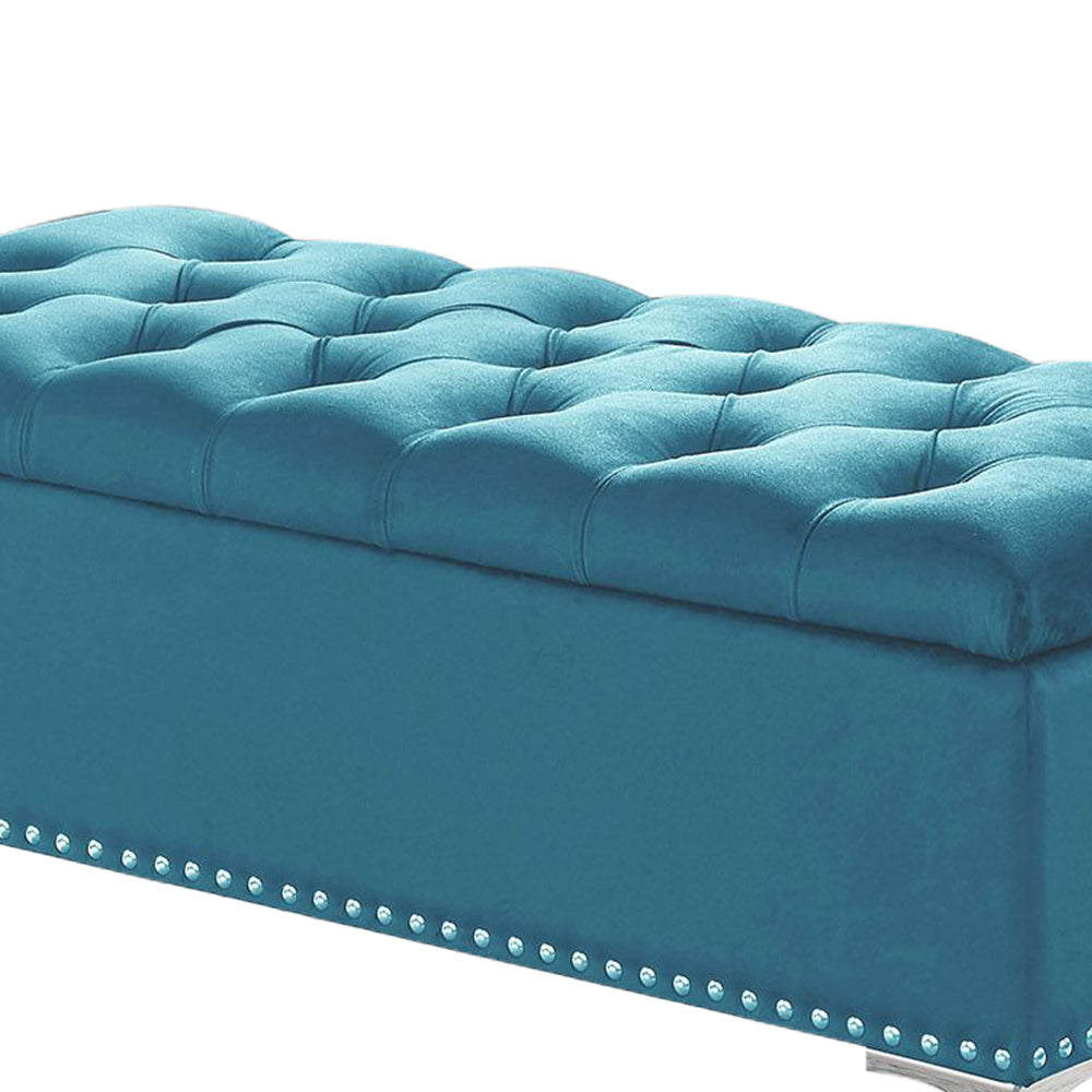 Thedoree I Blue Velvet Storage Bench with metal legs