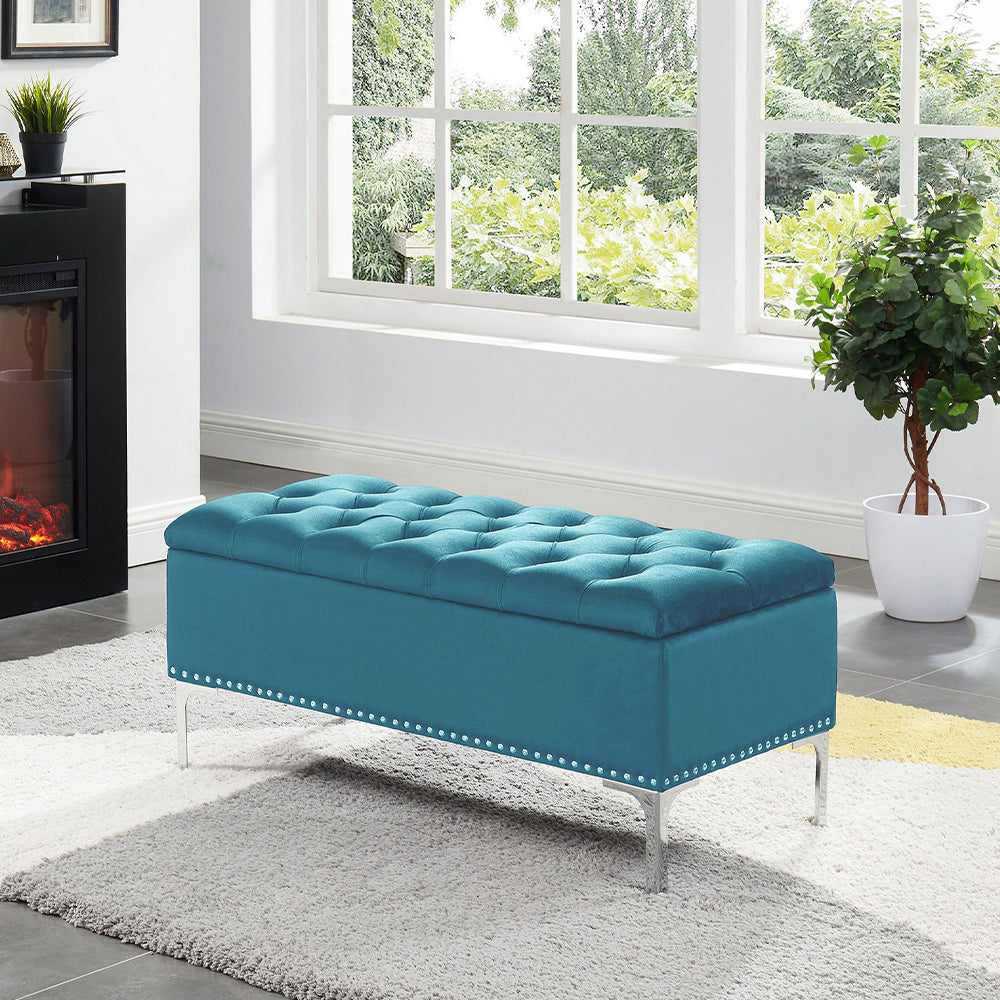 Thedoree I Blue Velvet Storage Bench with metal legs