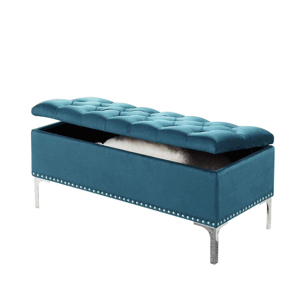 Thedoree I Blue Velvet Storage Bench with metal legs