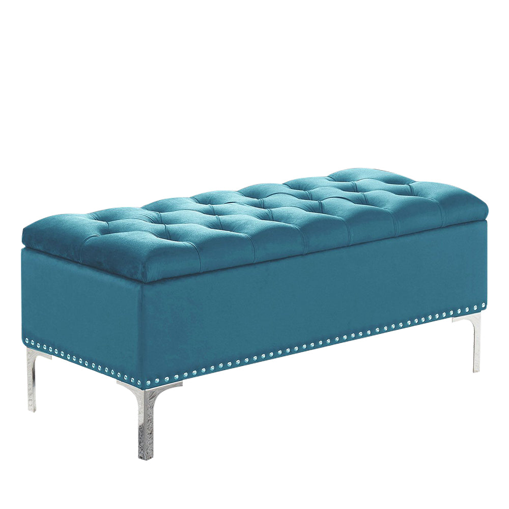 Thedoree I Blue Velvet Storage Bench with metal legs