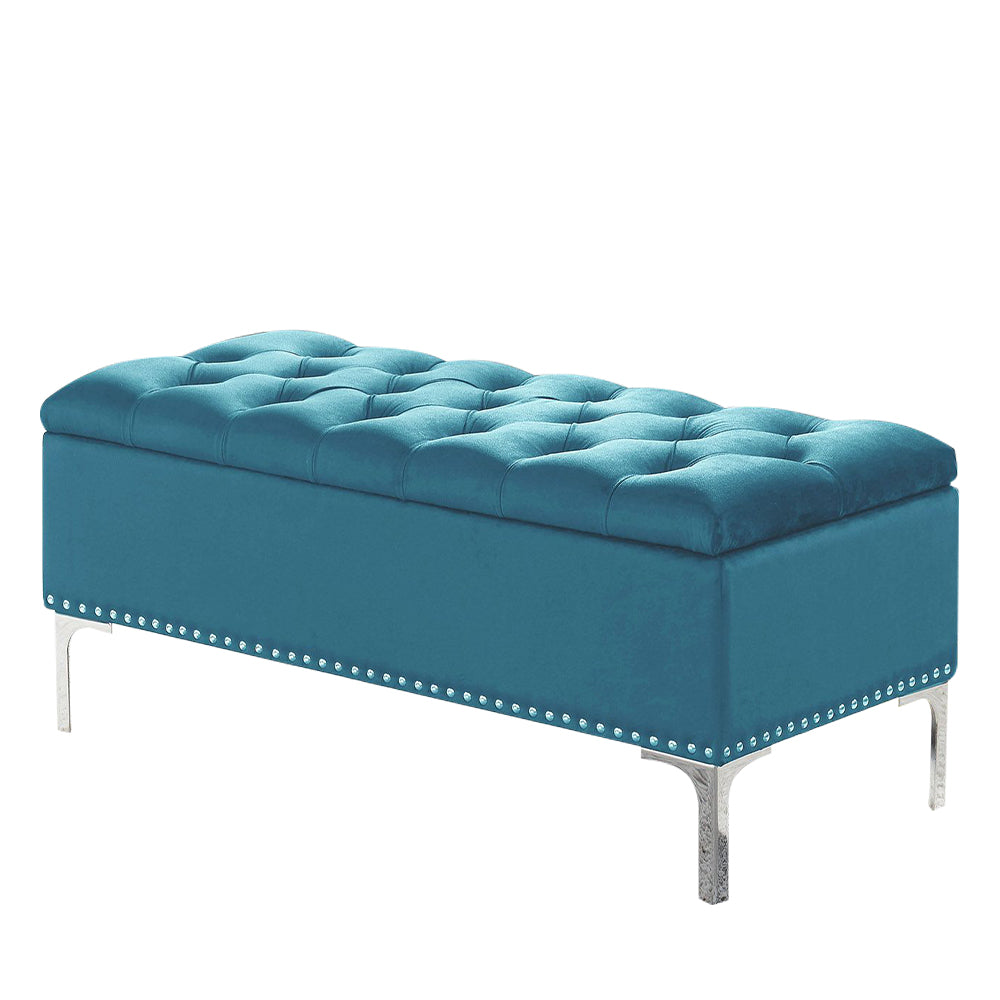 Thedoree I Blue Velvet Storage Bench with metal legs