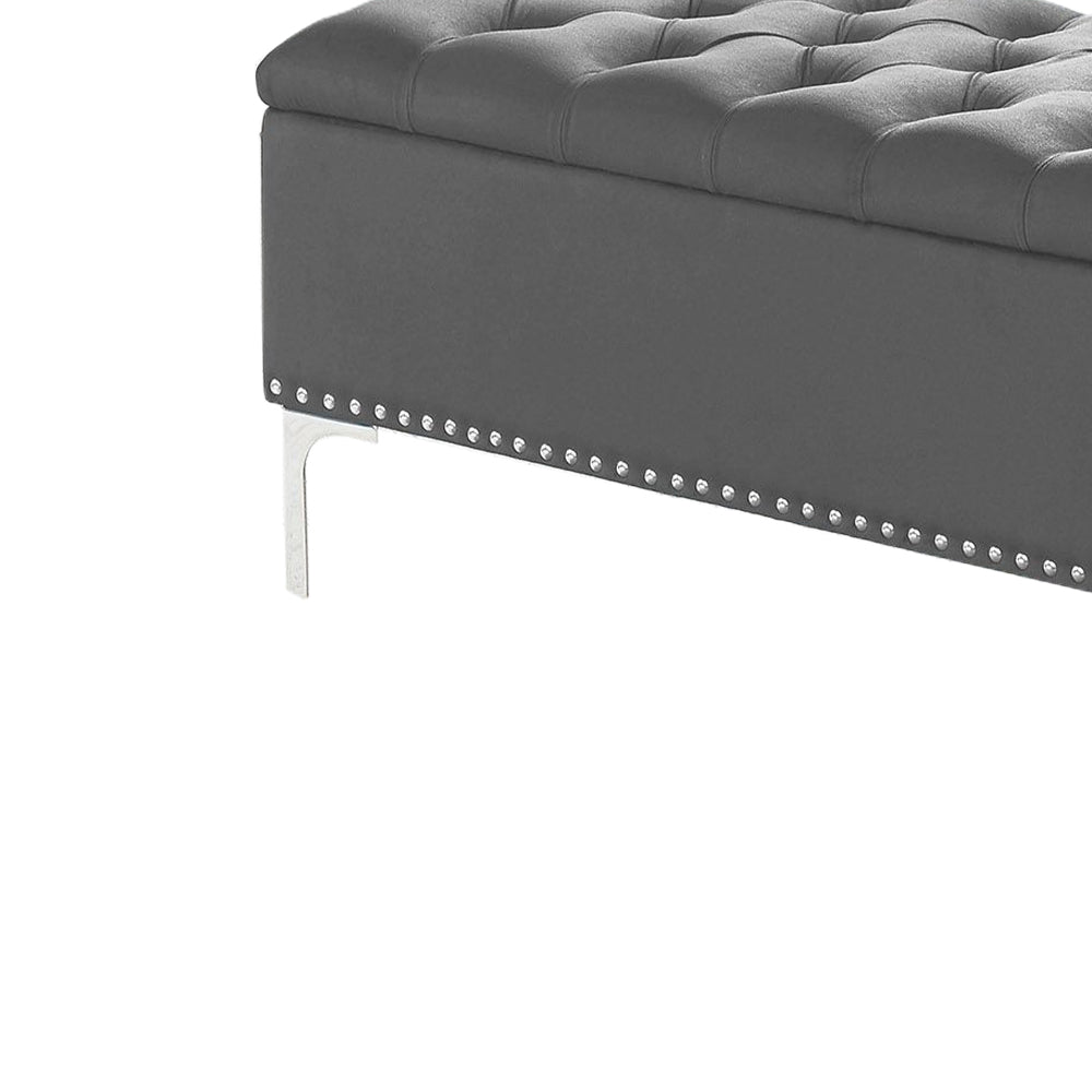 Thedoree II Gray Velvet Storage Bench with metal legs