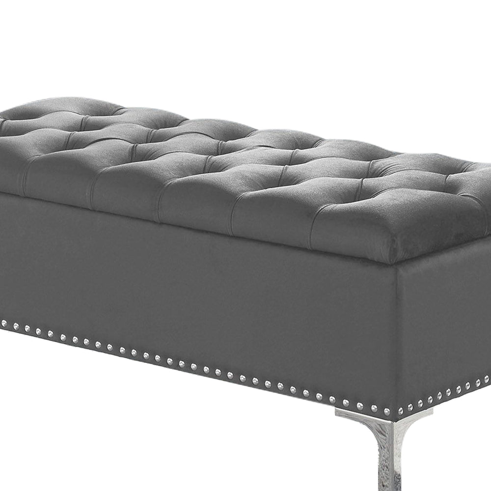 Thedoree II Gray Velvet Storage Bench with metal legs