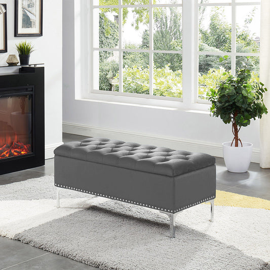 Thedoree II Gray Velvet Storage Bench with metal legs