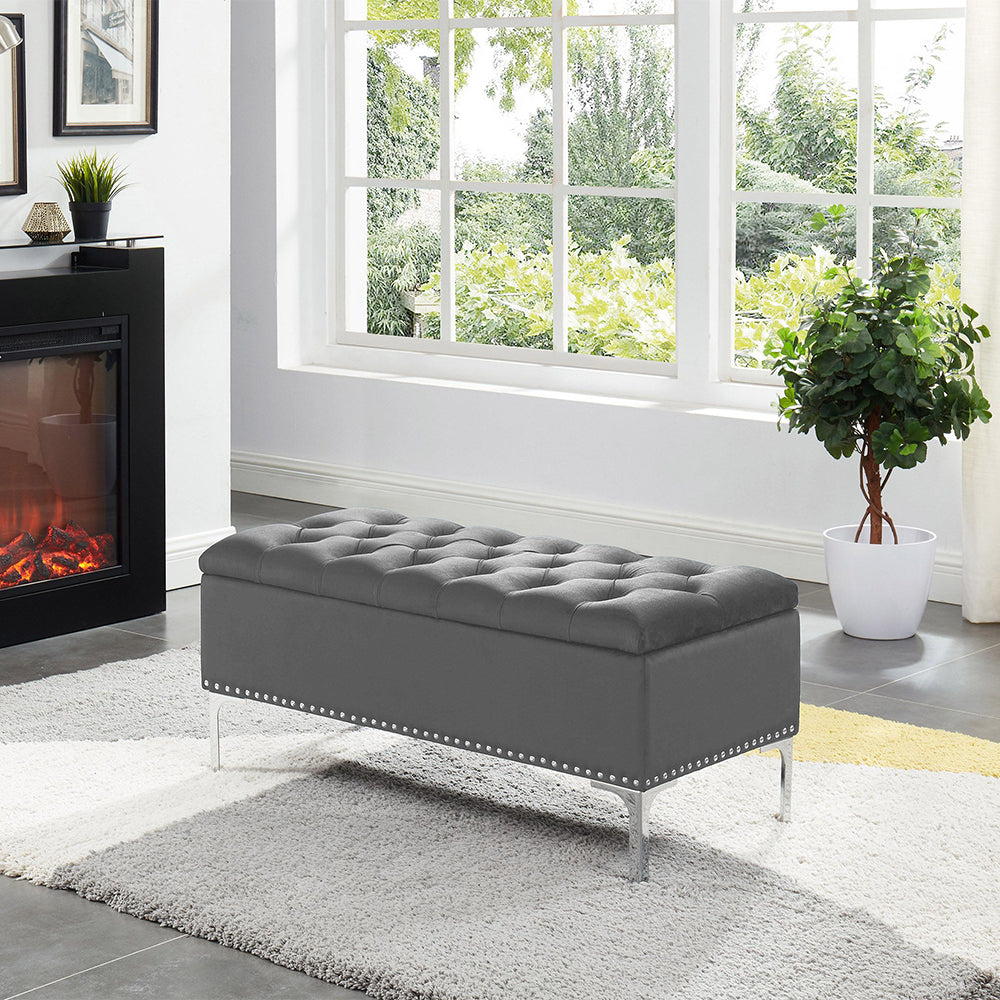 Thedoree Black Velvet Storage Bench with metal legs