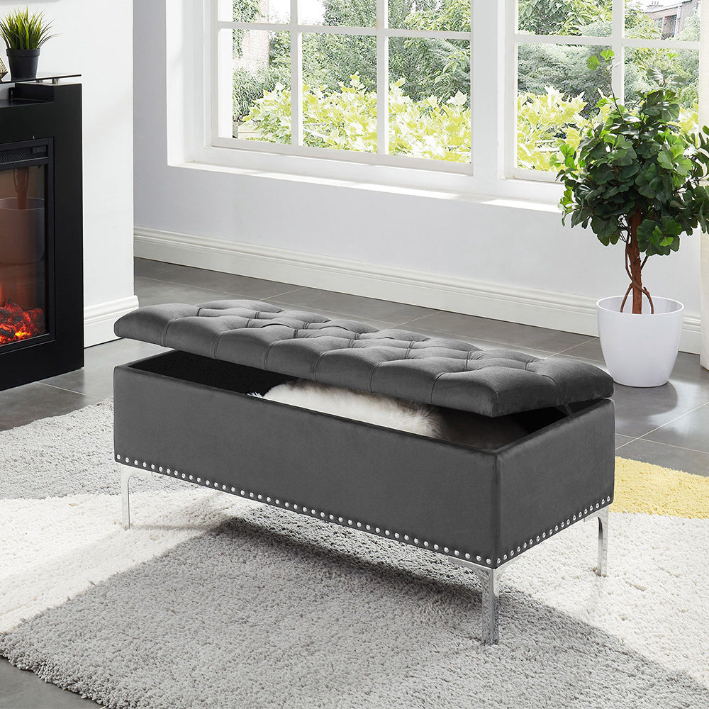 Thedoree II Gray Velvet Storage Bench with metal legs