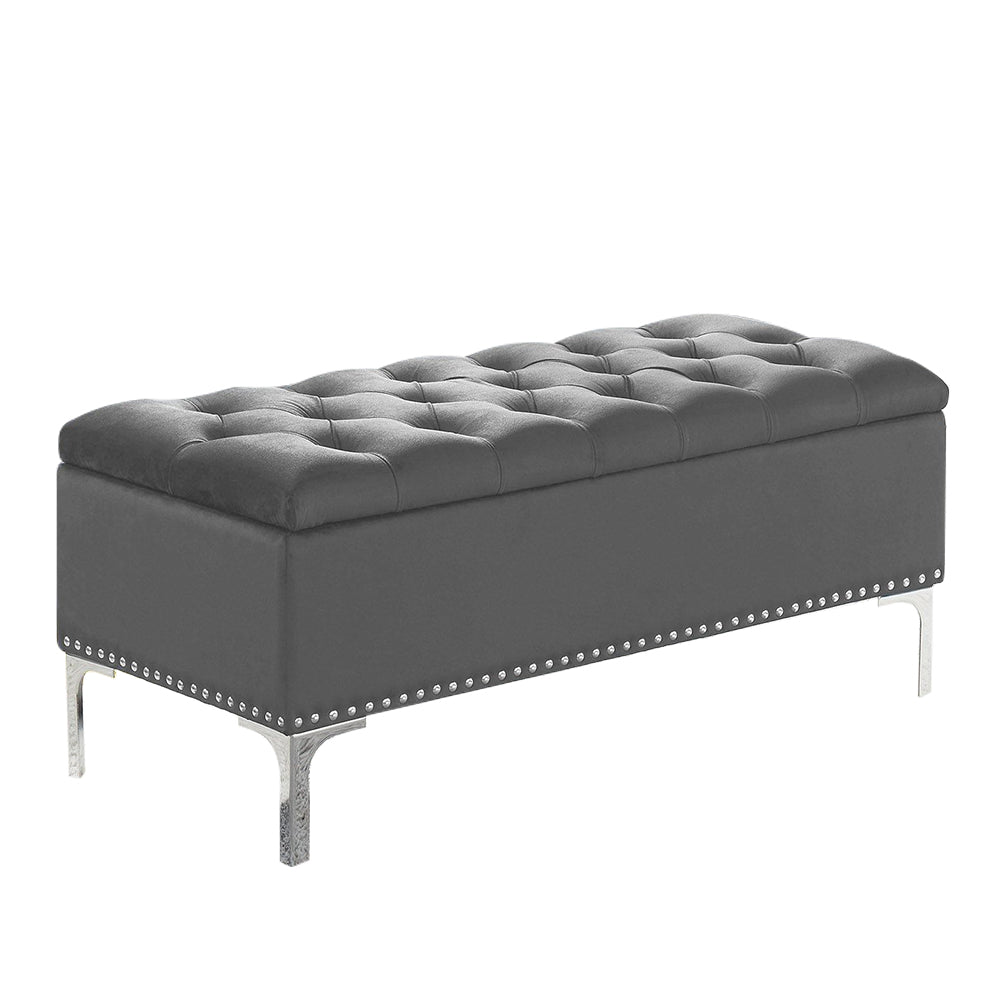 Thedoree II Gray Velvet Storage Bench with metal legs
