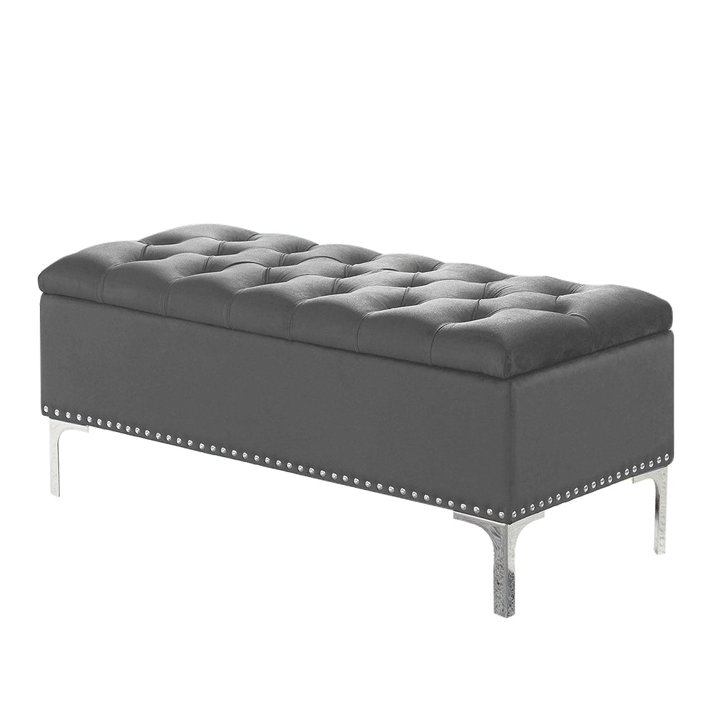 Thedoree II Gray Velvet Storage Bench with metal legs