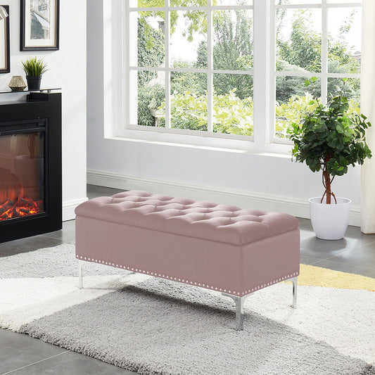 Thedoree III Pink Velvet Storage Bench with metal legs