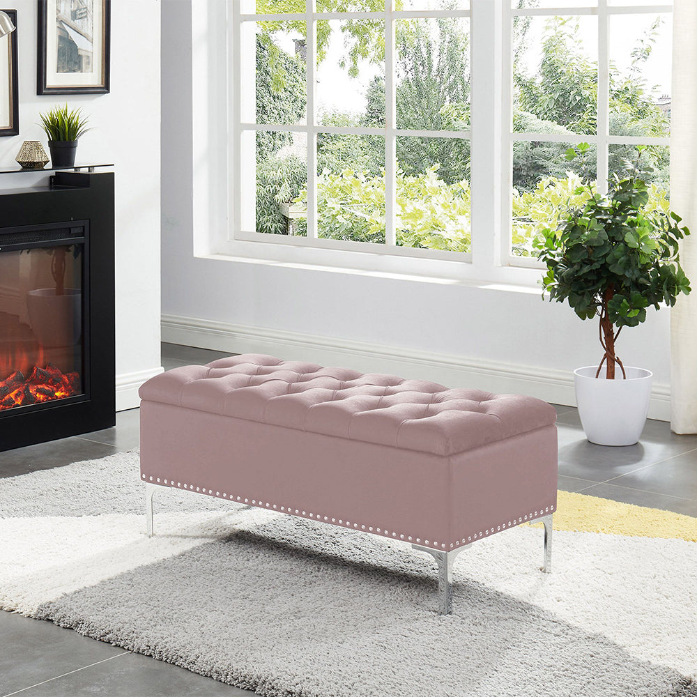 Thedoree Black Velvet Storage Bench with metal legs