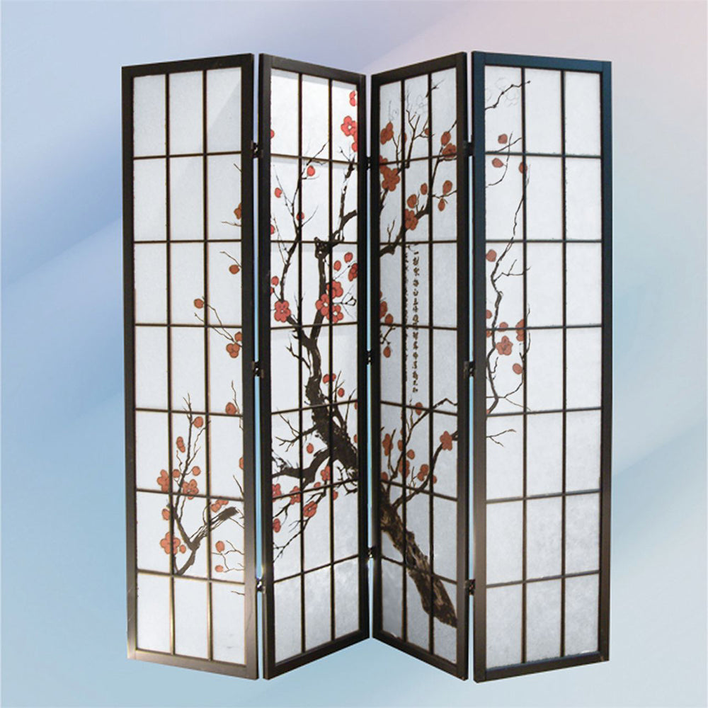 Greysenn Black 4 panel shoji Screen with Plum Blossom prints