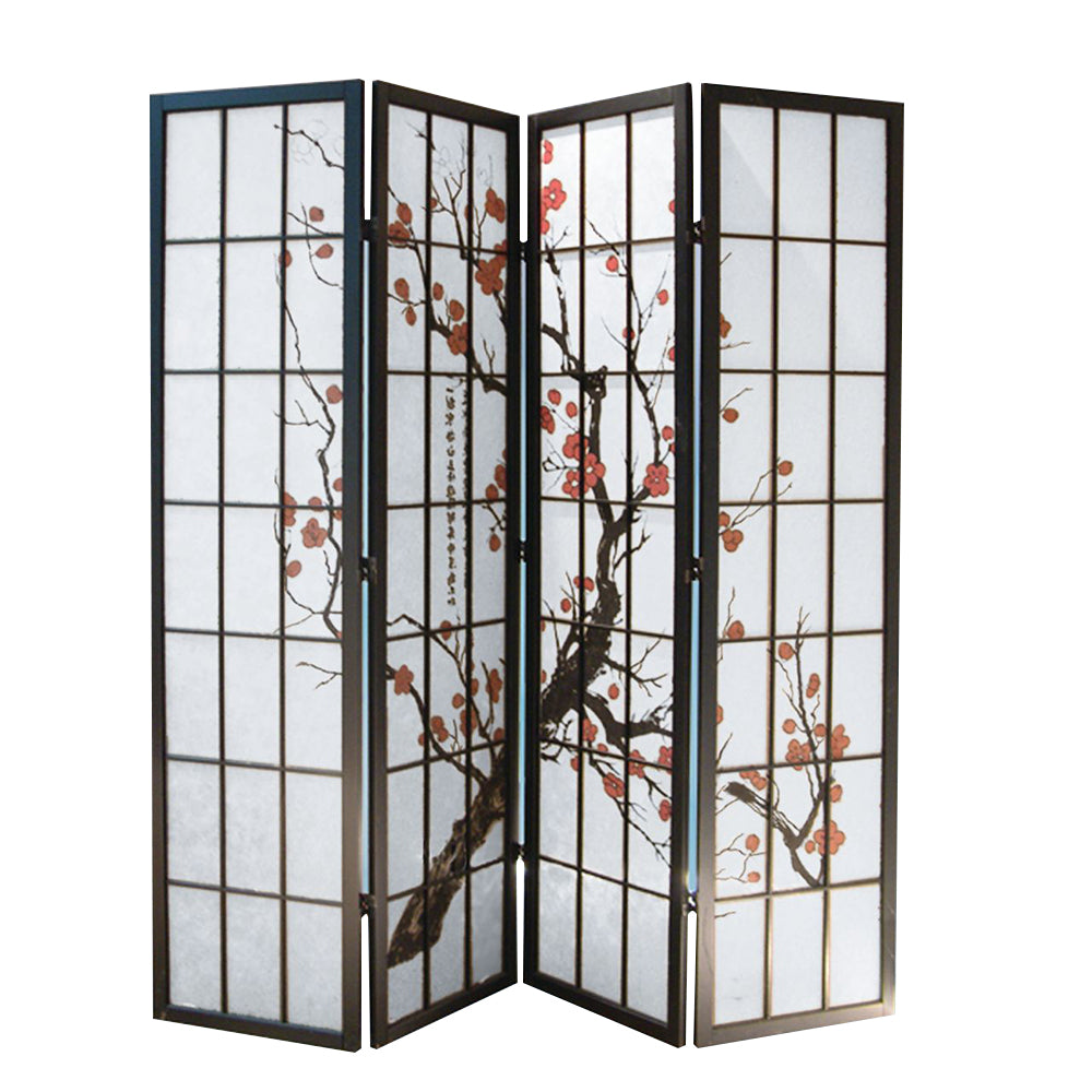 Greysenn Black 4 panel shoji Screen with Plum Blossom prints