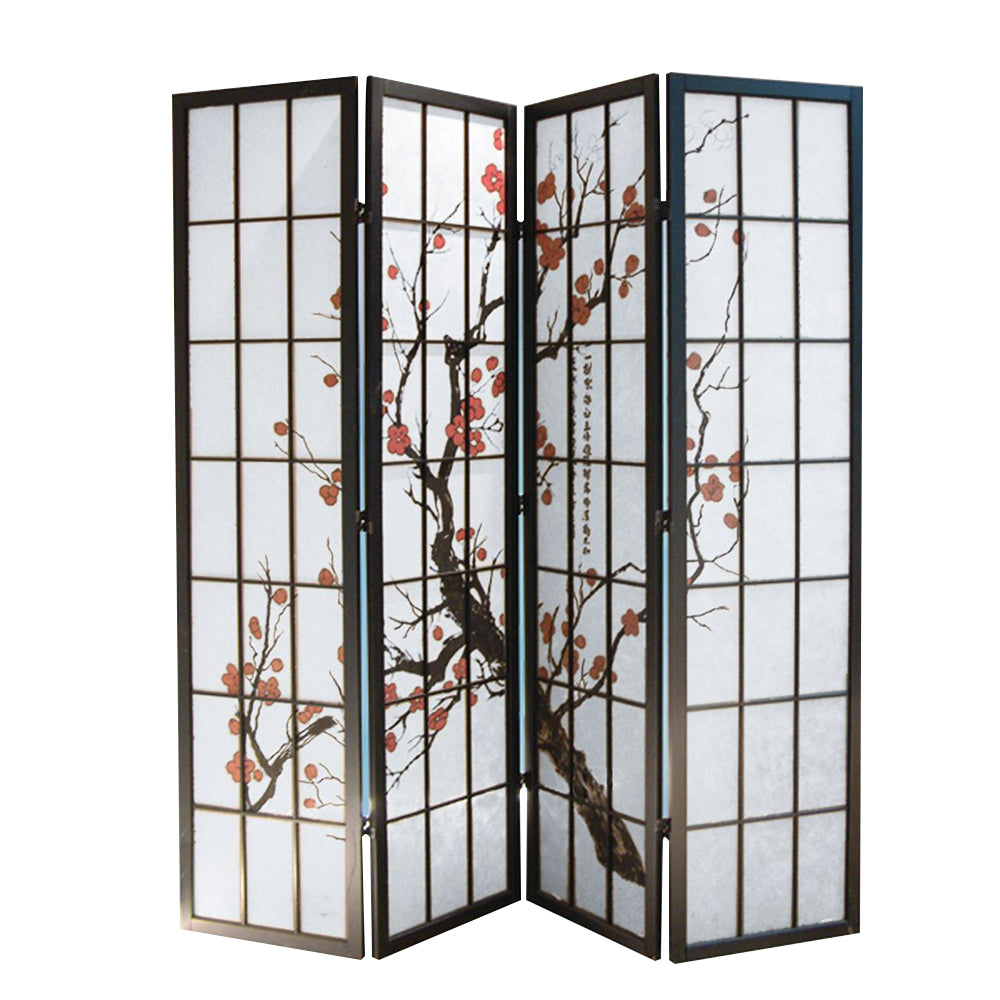 Greysenn Black 4 panel shoji Screen with Plum Blossom prints