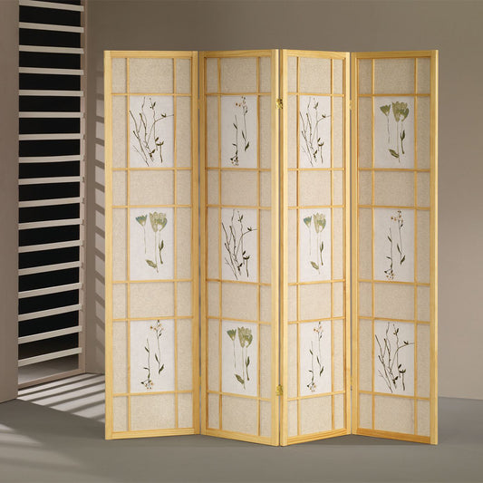 Wren I Natural 4 panel shoji Screen with Floral Prints