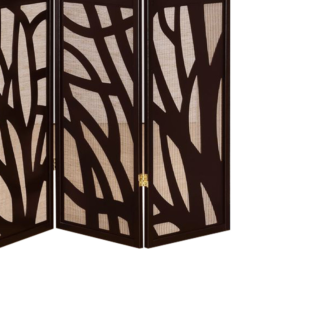 Blaize I Espresso 4 panel screen with tree design with Jute inlay