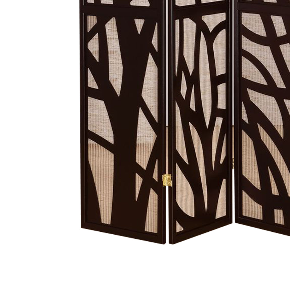 Blaize I Espresso 4 panel screen with tree design with Jute inlay