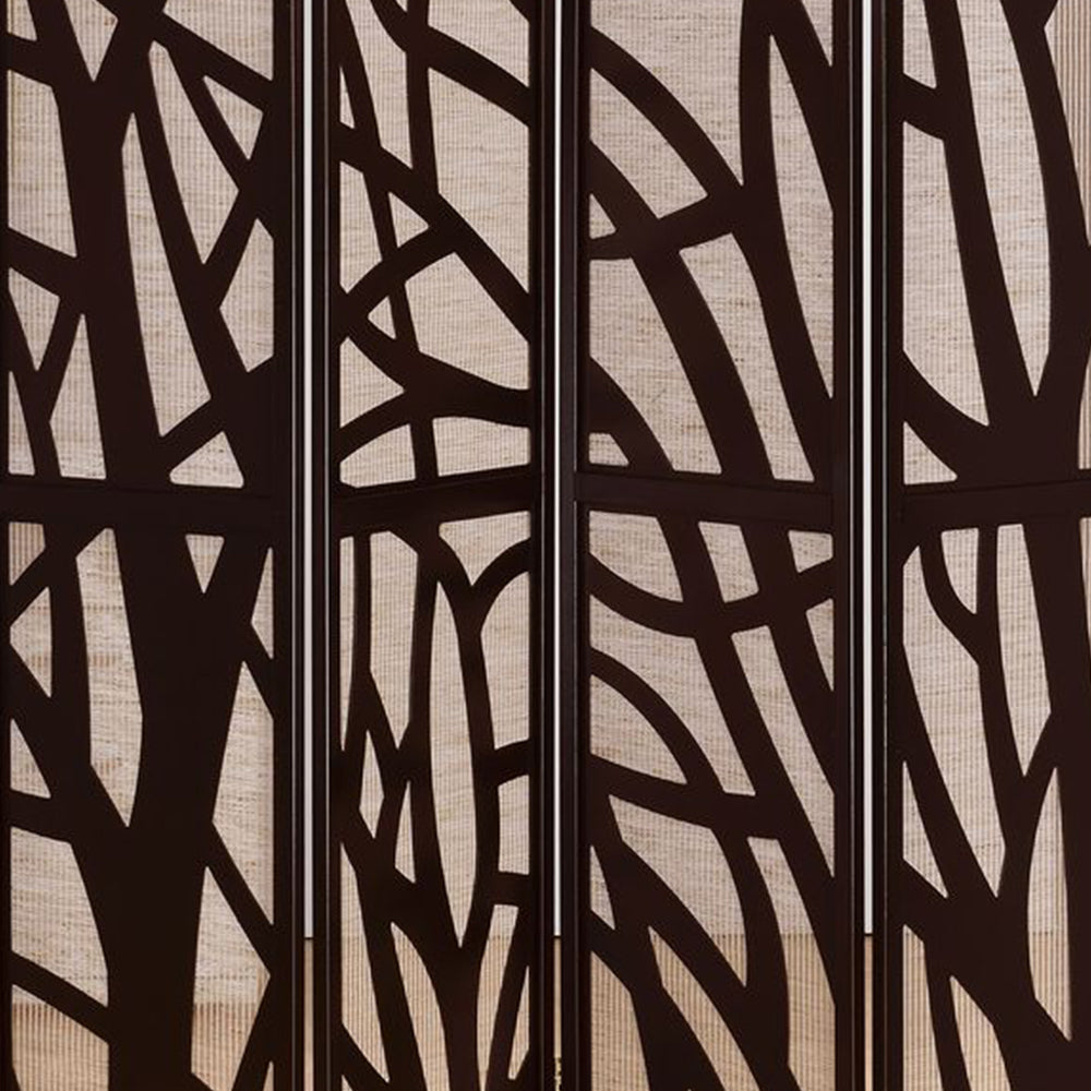 Blaize I Espresso 4 panel screen with tree design with Jute inlay